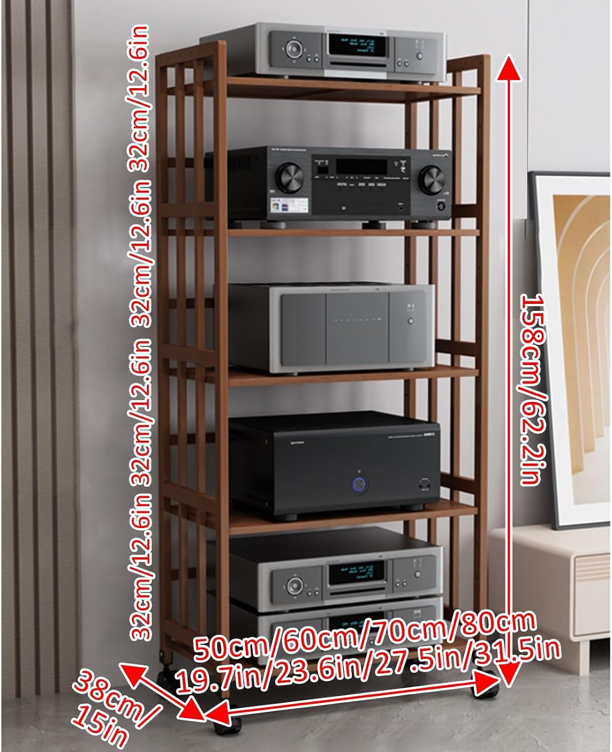 Media Storage Cabinet 4-Tier AV Media Stand Corner Shelf Video Component Cabinet AV Receiver Audio Component Stand Record Player Receiver Electronics Equipment for Living Room Gaming Room Music Studio