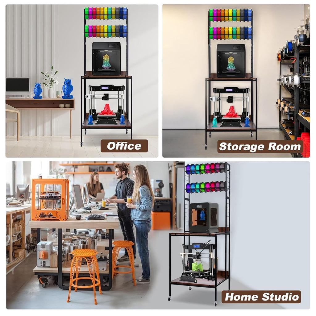 3D Printer Table Stand 2 Layer Rolling 3D Printer Filament Storage Desk Rack Heavy Duty Mobile Table with Feet & Locked Wheels for PL.A ABS PET.G Studio Office Workshop Storage Organization