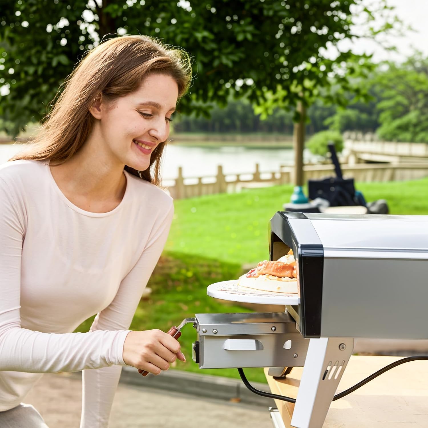 MELLCOM 20 Inch Outdoor Gas Pizza Oven, 360° Auto Rotating Pizza Stone with Pull Out Handle, Includes Pizza Peel & Carry Bag, Portable Stainless Steel Propane Pizza Oven for Backyard, Camping, Grill