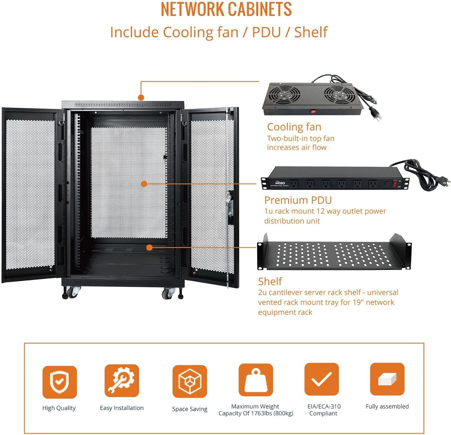 Tecmojo Fully Assembled 18U Network Cabinet AV Rack Enclosure with Casters/Locking Doors with Dual Fan, PDU and Cantilever Shelf (31.5inch DEEP Mesh Door)