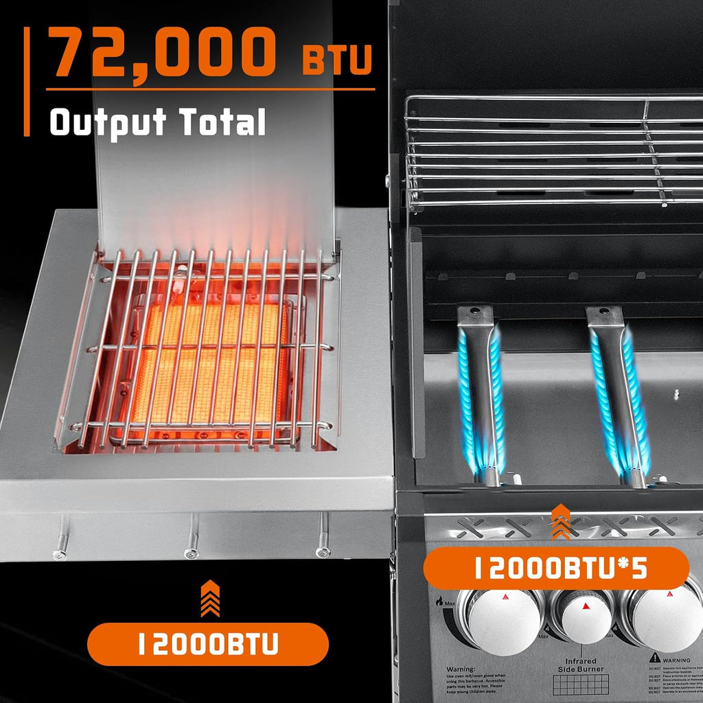 SKOK 5 Burner BBQ Grill with Infrared Side and Rear Burners, Gas Grill with Cast Iron Grates, Outdoor Barbecue Grill 72,000 BTU Output