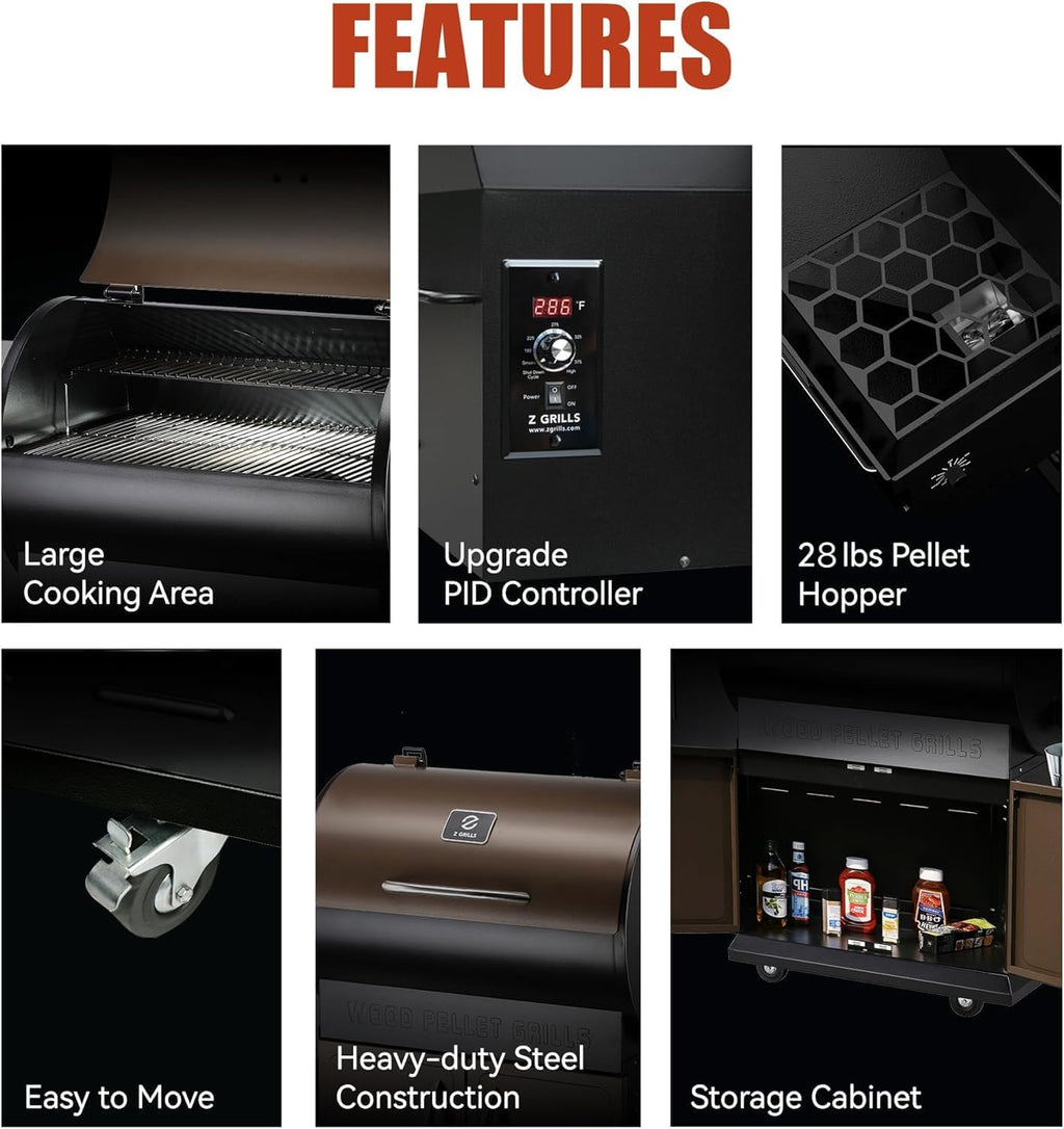 Z GRILLS 2026 Upgrade Wood Pellet Grill Smoker with PID Control, Built-in Storage Cabinet, Rain Cover, 700 sq. in Cooking Area for Outdoor BBQ, Smoke, Bake and Roast