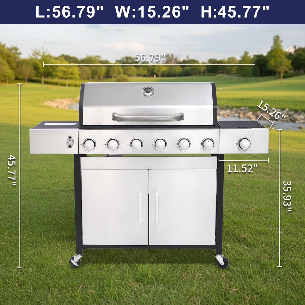 69,000 BTU 6+1 Burner Propane Gas Grill with Cast Iron Grids & Griddle Plate, Double-Wall Stainless Steel Lid – Even Heat, Easy Clean, Perfect for Backyard BBQ