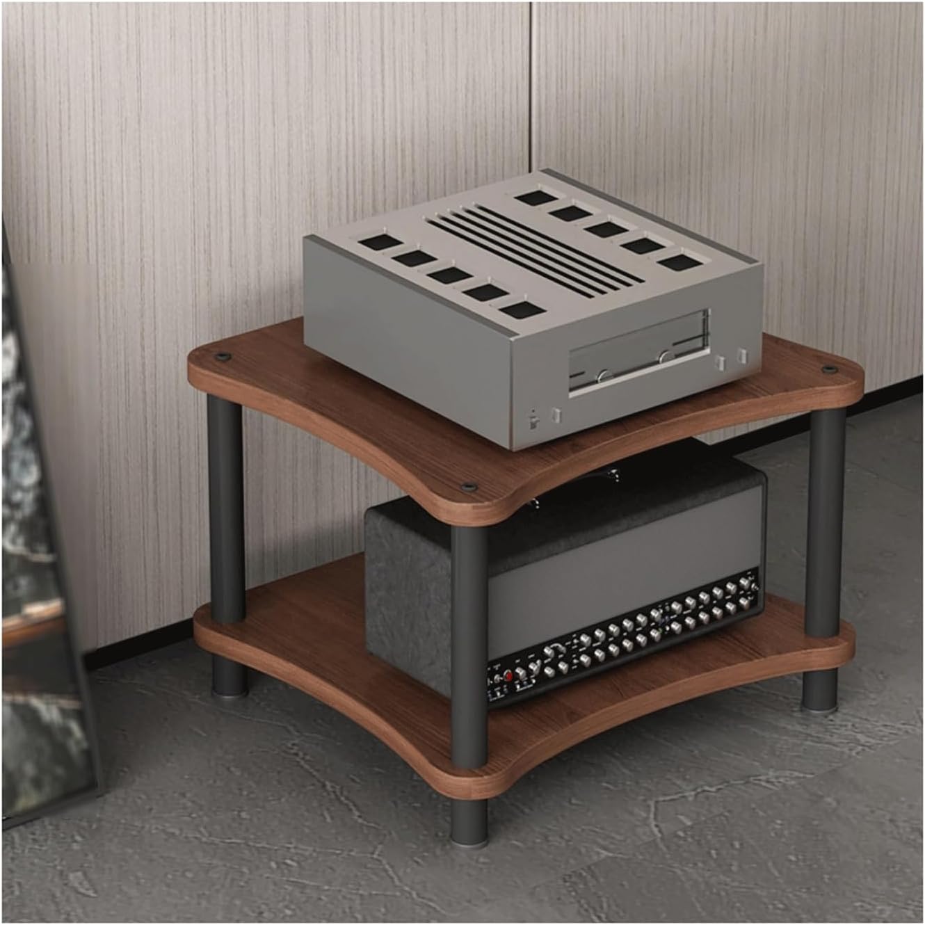 High Performance Audio Rack Walnut Wood HiFi Amplifier Stand Modern AV Media Shelf 2 Tier Corner Display Case for DVD & Audio Equipment