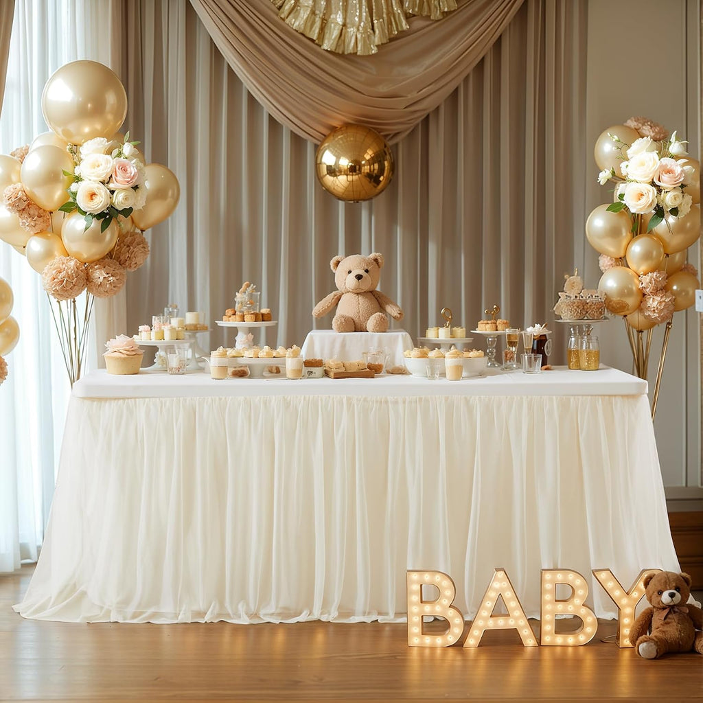 Wish Care 6 Pack Light Champagne Tulle Tablecloth for 6 Foot Rectangle Tables Ruffle Stretch Fitted Table Cloth Tutu Skirt Wrinkle Free Table Cover for Party Wedding Birthday Banquet Cake Tables Decor