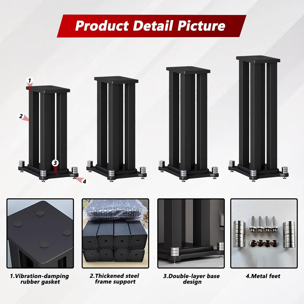 A Pair of Speaker Stands, Heavy Duty Speaker Stand Holds Bookshelf/Satellite/Large Speaker, Vibration-Absorbing MDF Design, 1.96×1.96in Metal Column Support,Holds 88lbs Speaker (Black, 11.8in)