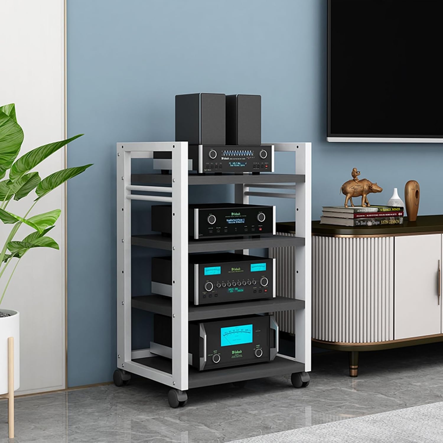Open 4-Tier Media Stand Audio Video Component Cabinet DVD CD Player Stand Stereo Power Amplifier Equipment Storage Rack with Height Adjustable Wooden Shelf for Home/Office/Theater (Color : G)