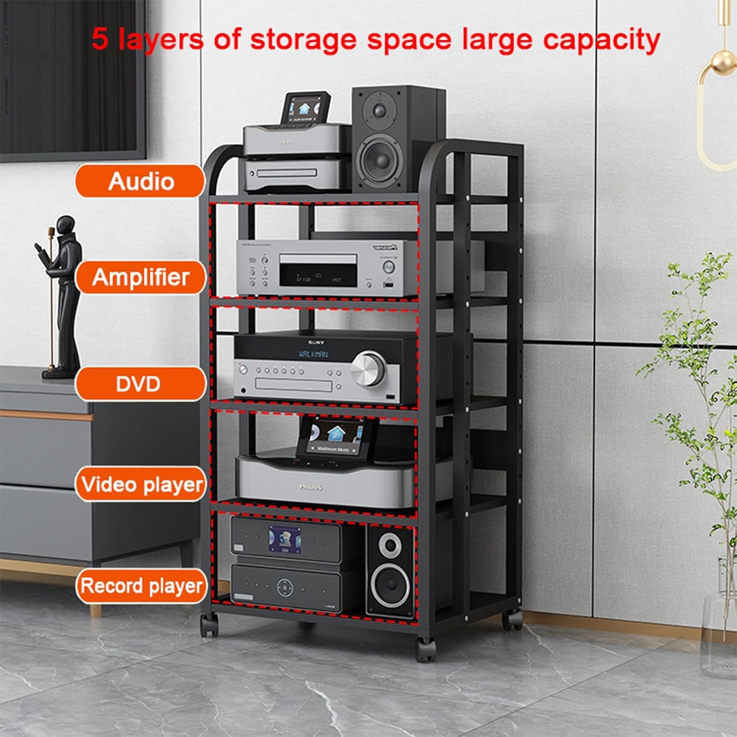 SOBS Multifunction 5 Tier Movable Storage Cart DVD CD Player Stand Amplifier Rack Audio Video Component Media Stand with 5 Wooden Board Shelves for Home/Office/Theater, Black (Color : A)