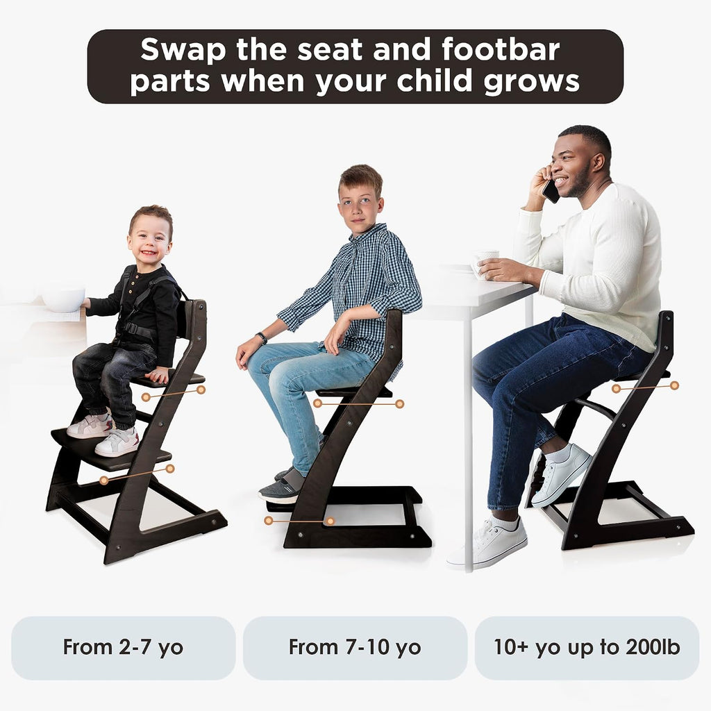 FORNEL Modern Black Wooden High Chair | Adjustable Grow-with-Me Toddler Seat for Age 3 to 15 | Perfect for Minimalist & Industrial Kitchens