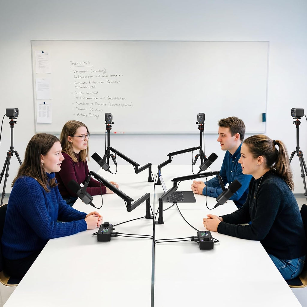 NearStream PodPro Quad Podcast Equipment Bundle for 4, Podcast Bundle Includes 4 VM20 Streaming Camera, 4 AM25X Microphone, 4 ST20 Boom Arm, 2 AMIX40U Audio Mixer, 4 Camera Tripod and 4 XLR Cables