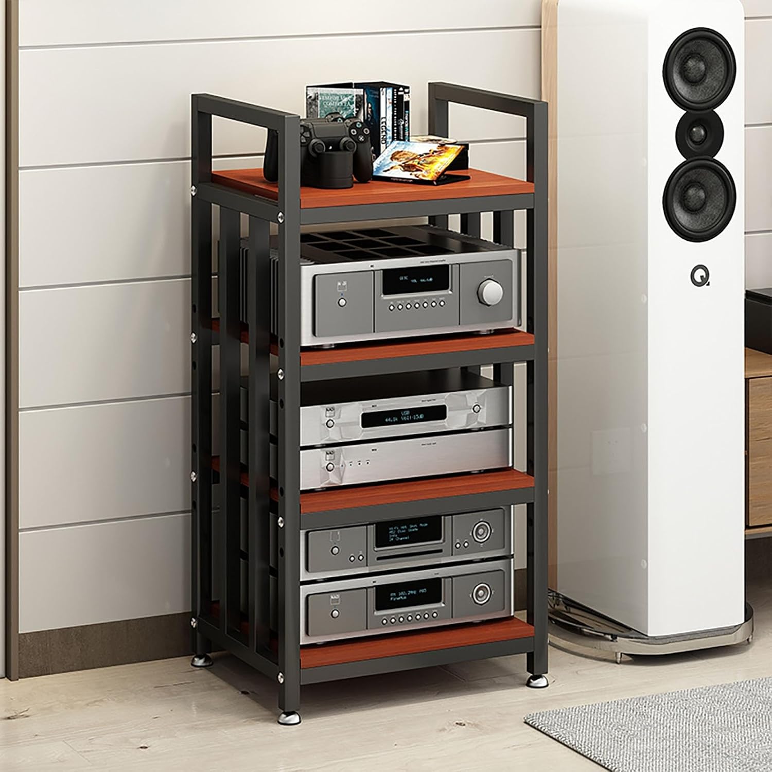 4 Tier Floorstanding Storage Shelves，Furniture Media Stand DVD CD Player Stand Audio Rack Power Amplifier Equipment Cabinet with Height Adjustable Wooden Shelf，19.7x15.7x39.4in (Color : A)