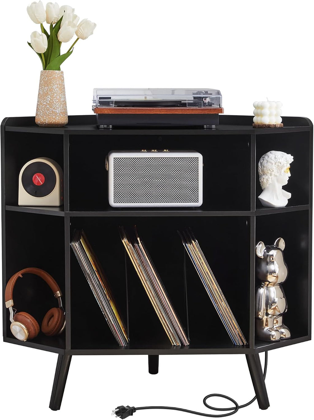 Corner Record Player Stand with Charging Station & USB Ports, 3 Tier Mid Century Modern Vinyl Record Storage Cabinet, Wood Turntable Stand for Music Room, Living Room, Small Space (Black)