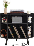 Corner Record Player Stand with Charging Station & USB Ports, 3 Tier Mid Century Modern Vinyl Record Storage Cabinet, Wood Turntable Stand for Music Room, Living Room, Small Space (Black)