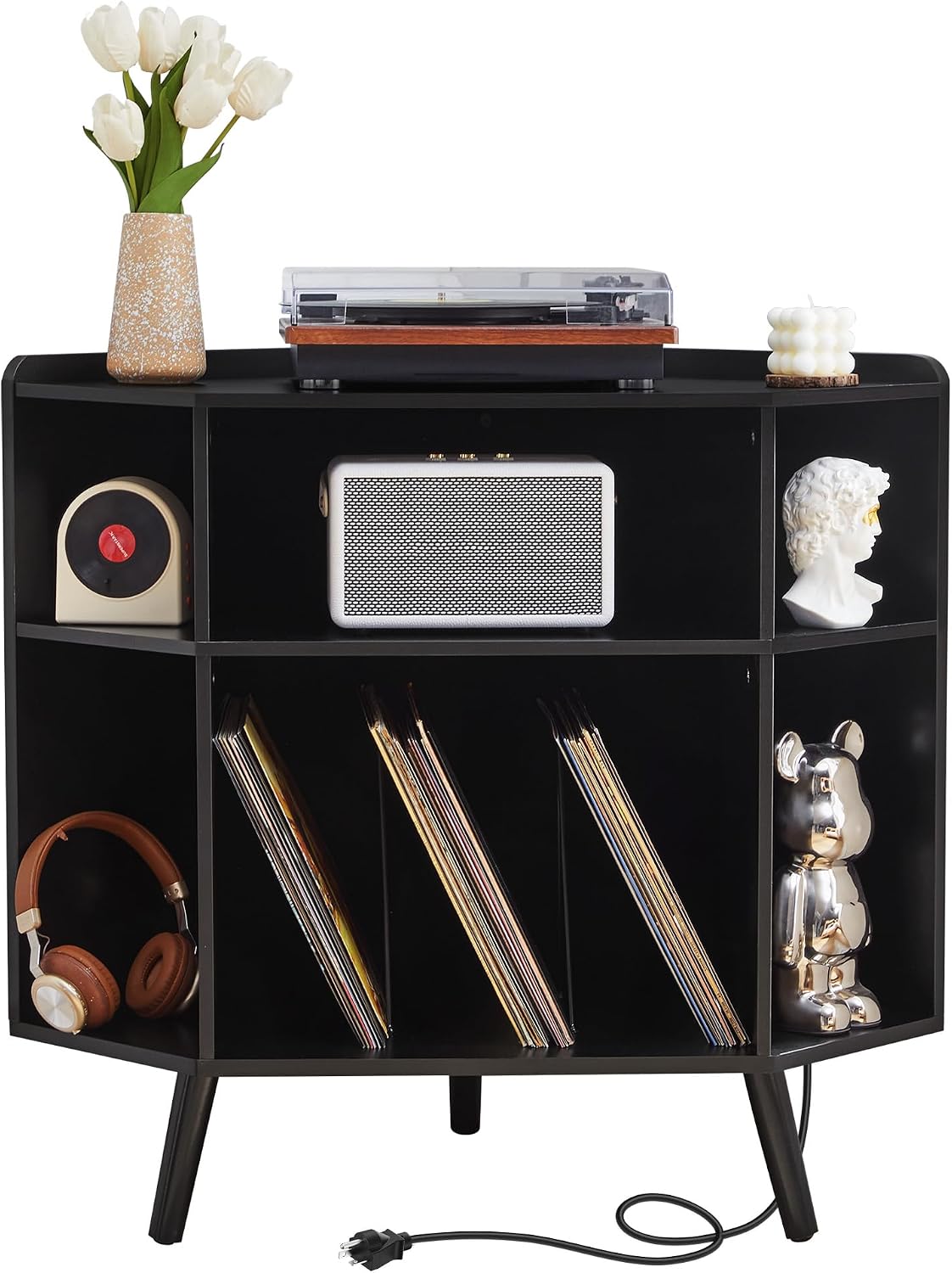 Corner Record Player Stand with Charging Station & USB Ports, 3 Tier Mid Century Modern Vinyl Record Storage Cabinet, Wood Turntable Stand for Music Room, Living Room, Small Space (Black)