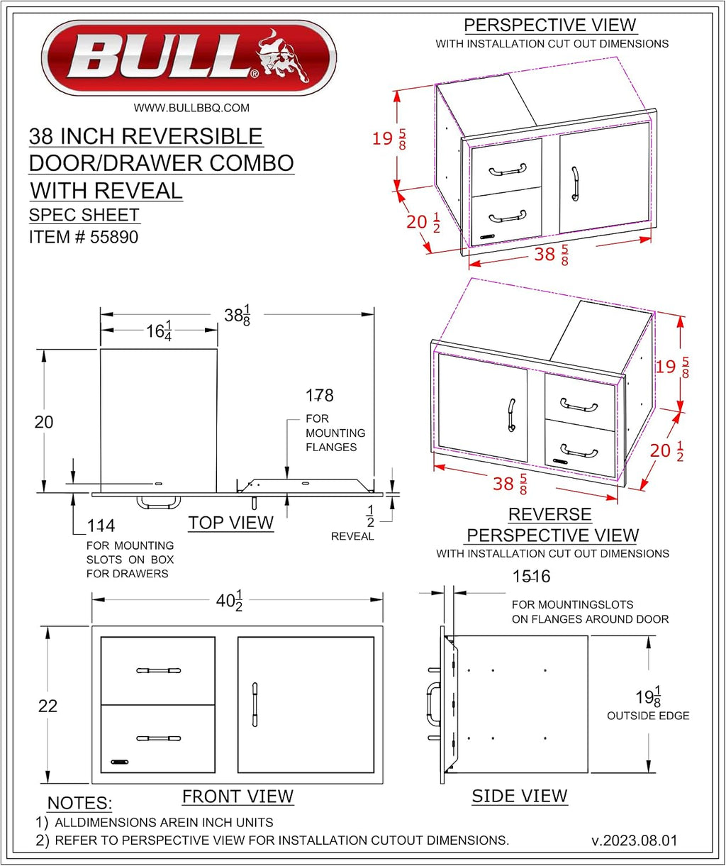 Bull Outdoor Products Complete Outdoor Kitchen Bundle – Brahma 90,000 BTU Built-In Grill Head, Grill Cover, Trash & Recycle Drawer, 38' Door/Drawer Combo, Glass Door & Contemporary Refrigerator – LP