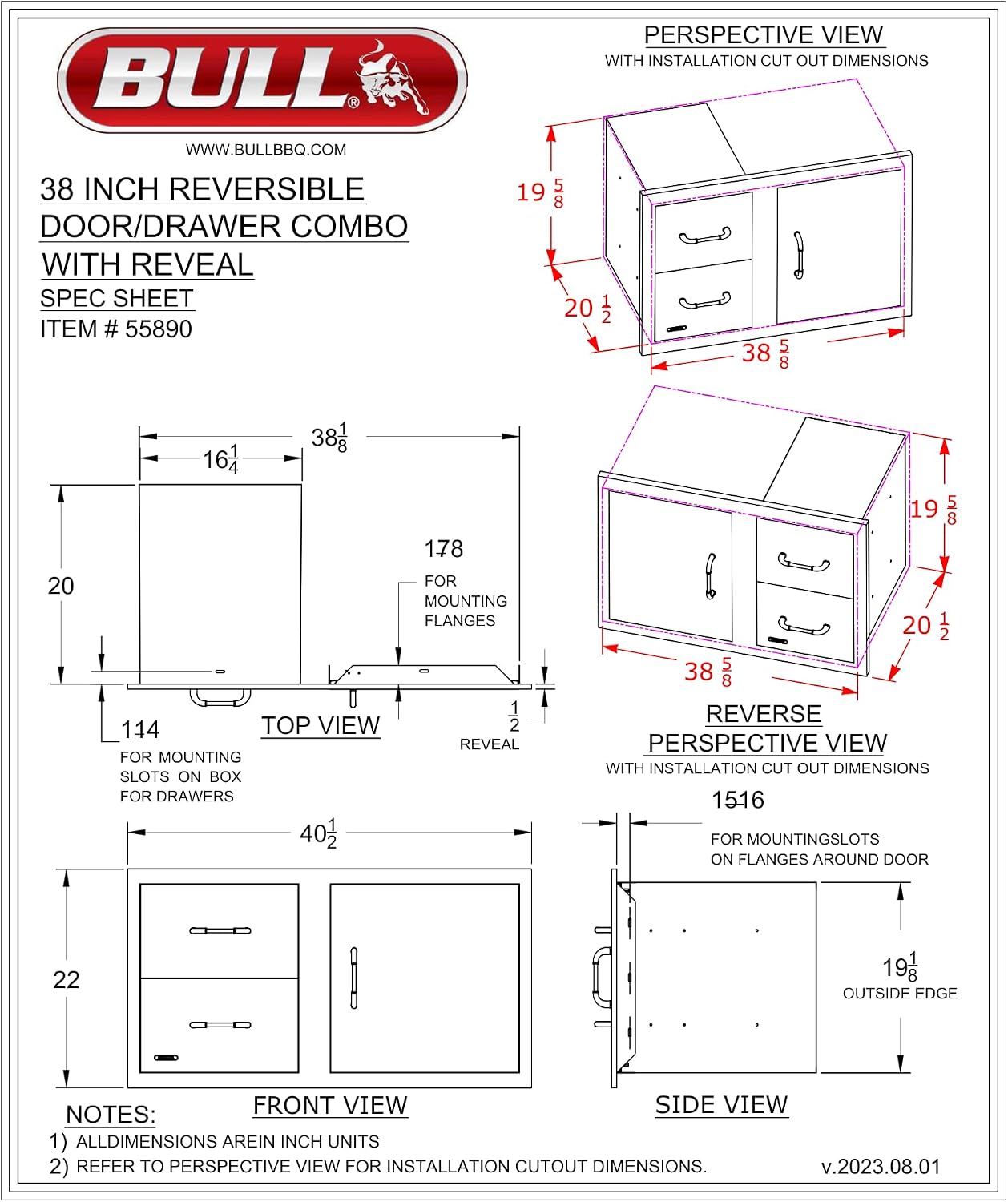 Bull Outdoor Products Complete Outdoor Kitchen Bundle – Brahma 90,000 BTU Built-In Grill Head, Grill Cover, Trash & Recycle Drawer, 38' Door/Drawer Combo, Glass Door & Contemporary Refrigerator – LP