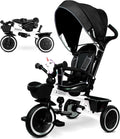 KRIDDO 7-in-1 Tricycle Stroller for Toddlers 18 Months to 5 Years, Adjustable Push Handle, Rotatable Seat, Cup Holder and Retractable Canopy, Folding Baby Trike w/Detachable Guardrail, Footrest, White