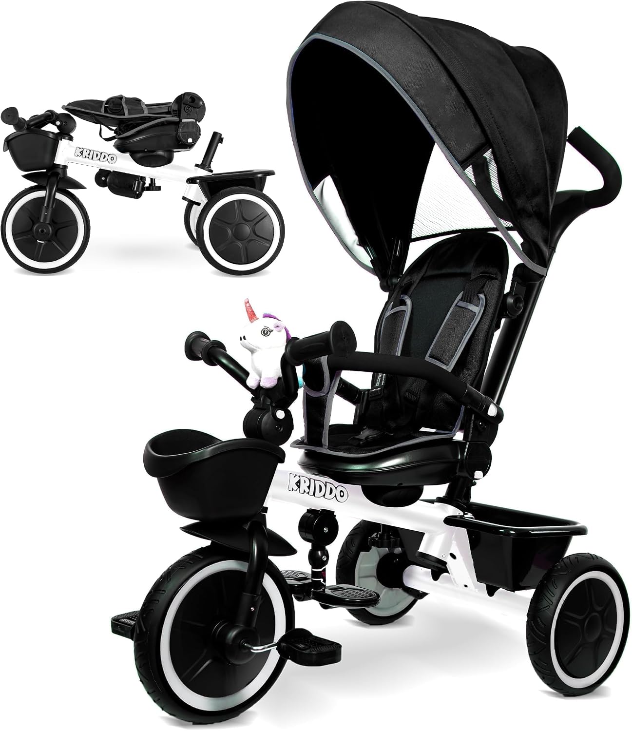 KRIDDO 7-in-1 Tricycle Stroller for Toddlers 18 Months to 5 Years, Adjustable Push Handle, Rotatable Seat, Cup Holder and Retractable Canopy, Folding Baby Trike w/Detachable Guardrail, Footrest, White