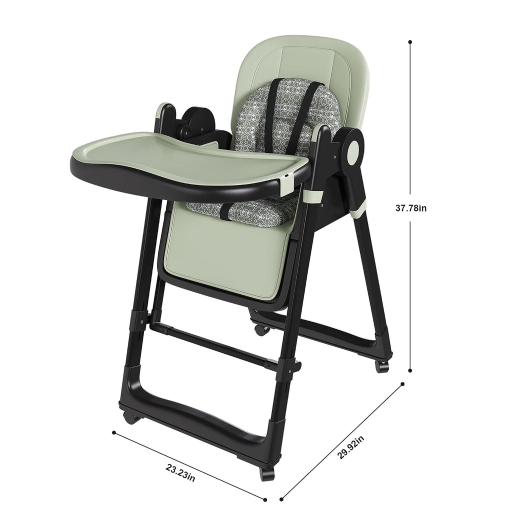 Baby High Chair Convertible to Rocker with 5-Point Harness Belt, Foldable Infant Feeding Seat with Silent Locking Wheels & Removable 2-Tier Easy-Clean Tray for 6 Months - 4 Years (Green)