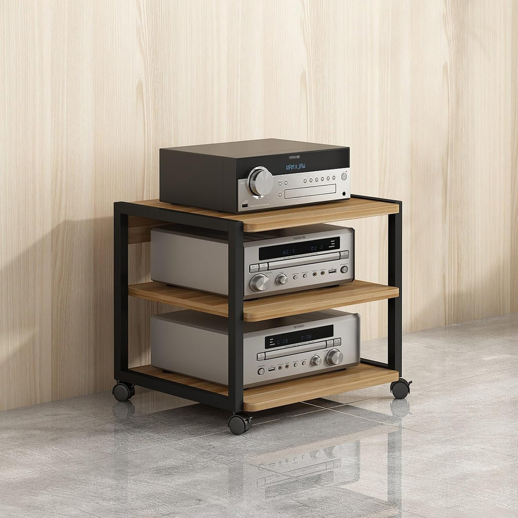 Modern 3-Tier Stereo Stand Cabinet, AV Media Console Rack, Corner Entertainment Center with Wooden Storage Shelves for Audio/Video Components (50x40x48.5cm)