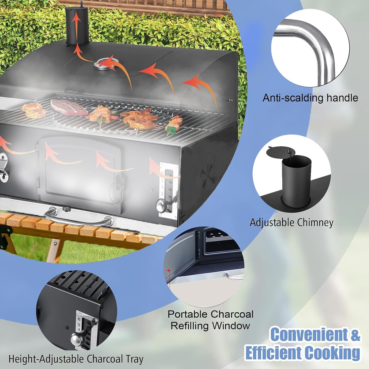 Large Built-in Barbecue Grills, Charcoal BBQ Grills with Liftable Tray, Insulated Hood & Temp Gauge, Black Stainless Steel Charcoal BBQ Barrel Grill for Outdoor Kitchen Camping Park Style