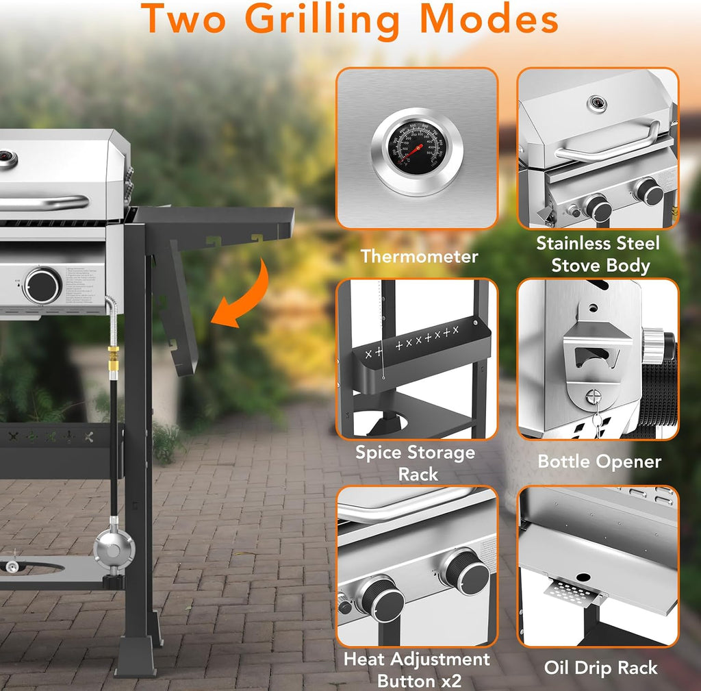 Electactic Propane Gas BBQ Grill 2-Burner Barbecue Grills with Cast Iron Frying Pan and Grates Combo, 16000 BTU Output Stainless Steel Grill for Outdoor Cooking, Patio, Backyard Party