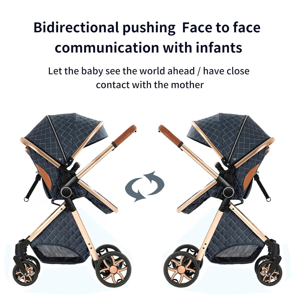 2 in 1 Baby Stroller Reversible Portable Standard Stroller Convertible Pushchair Infant Buggy Baby Carriage Foldable High Landscape Pram for Toddler Newborn (225 Blue)