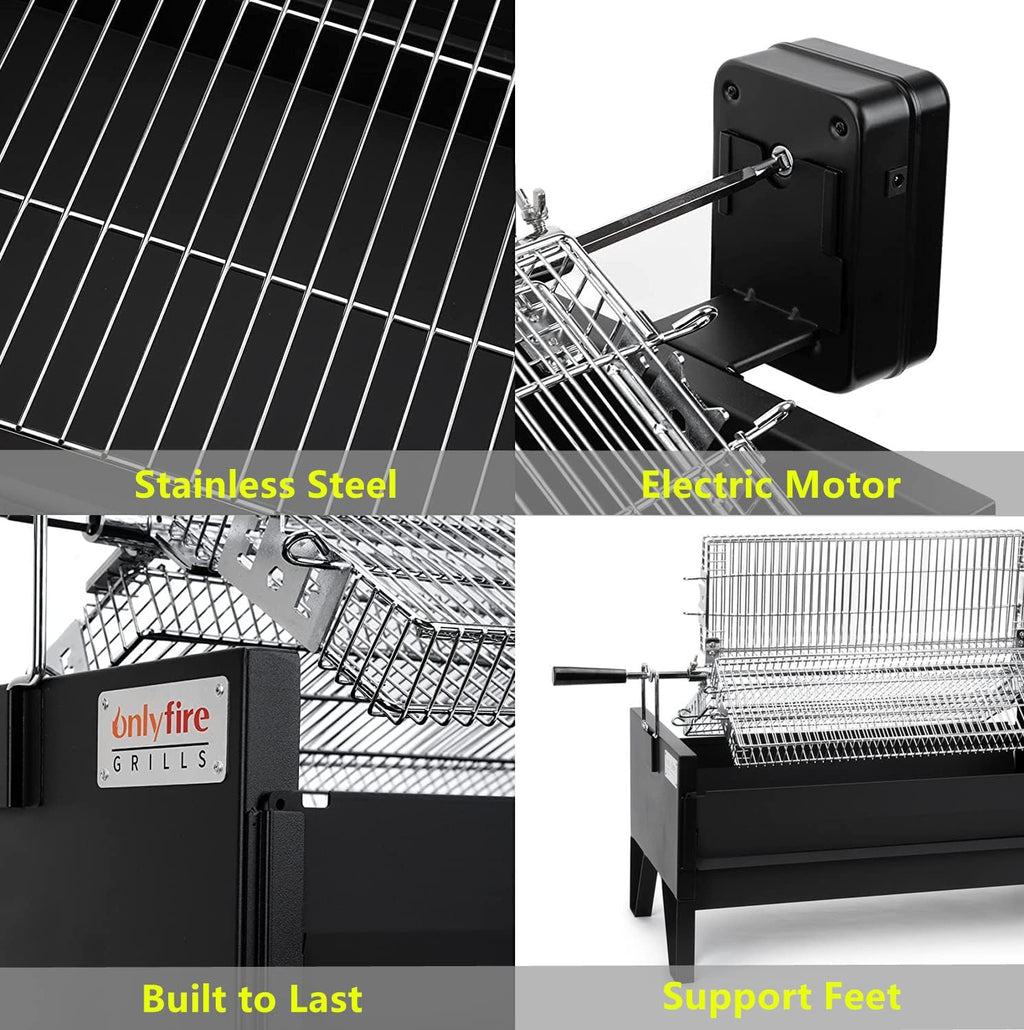 ONLYFIRE GRILLS 2 IN 1 Charcoal Grill Rotisserie Kit with 3 Stainless Steel Rotating Baskets and 24 In Grill Grate, Auto Swivel BBQ Roasting Machine for Outdoor Patio Backyard Barbecue, GS304