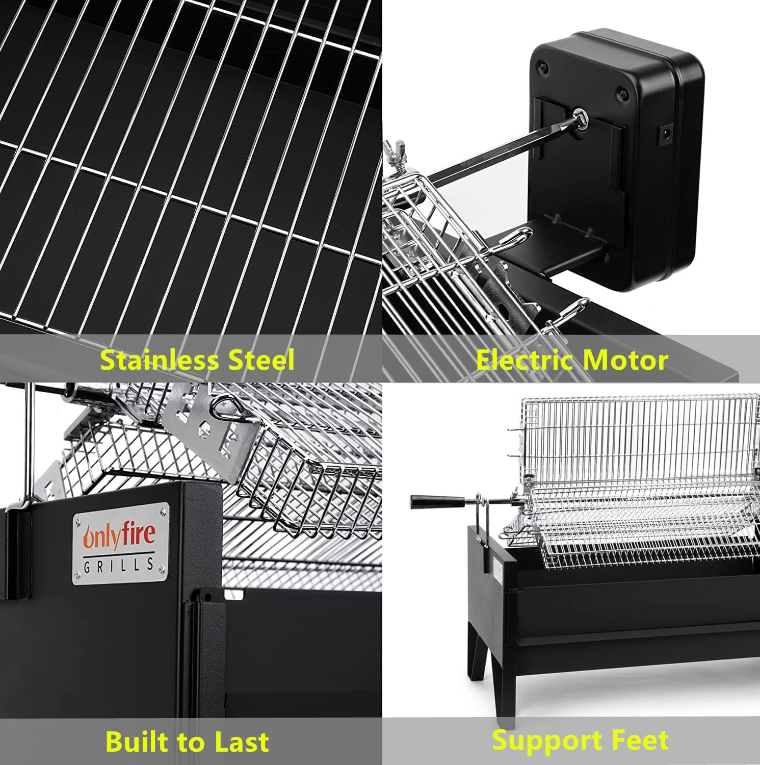 ONLYFIRE GRILLS 2 IN 1 Charcoal Grill Rotisserie Kit with 3 Stainless Steel Rotating Baskets and 24 In Grill Grate, Auto Swivel BBQ Roasting Machine for Outdoor Patio Backyard Barbecue, GS304