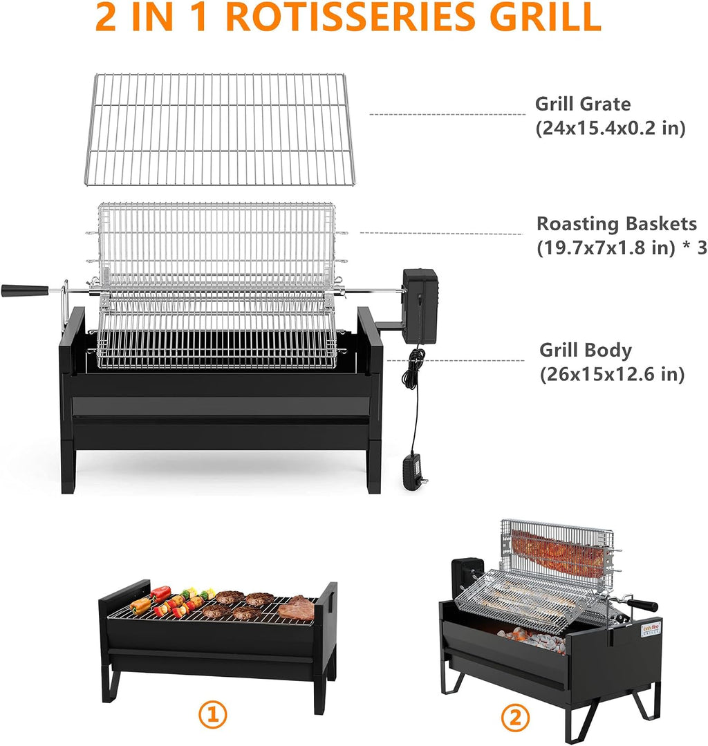 ONLYFIRE GRILLS 2 IN 1 Charcoal Grill Rotisserie Kit with 3 Stainless Steel Rotating Baskets and 24 In Grill Grate, Auto Swivel BBQ Roasting Machine for Outdoor Patio Backyard Barbecue, GS304