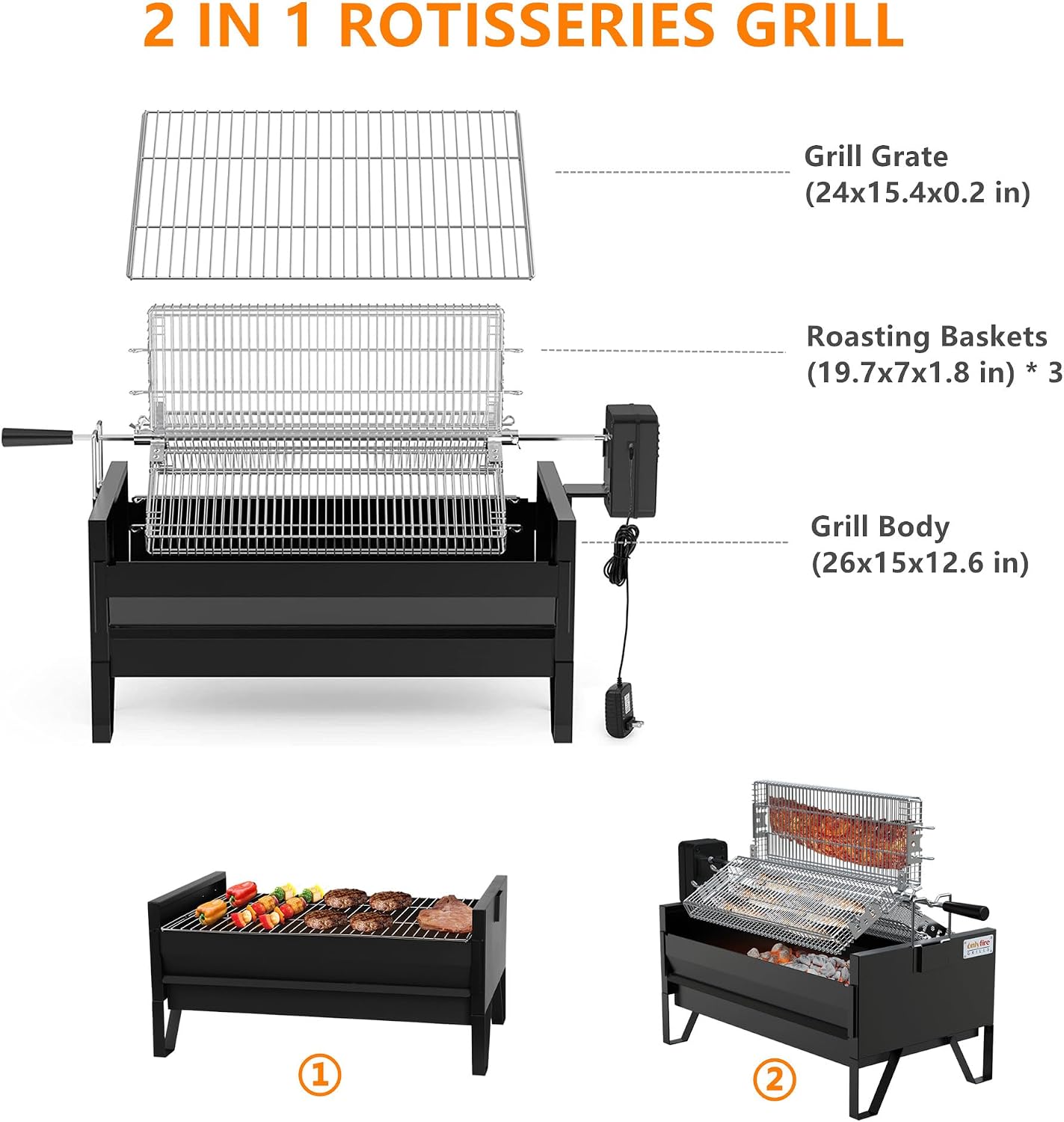 ONLYFIRE GRILLS 2 IN 1 Charcoal Grill Rotisserie Kit with 3 Stainless Steel Rotating Baskets and 24 In Grill Grate, Auto Swivel BBQ Roasting Machine for Outdoor Patio Backyard Barbecue, GS304