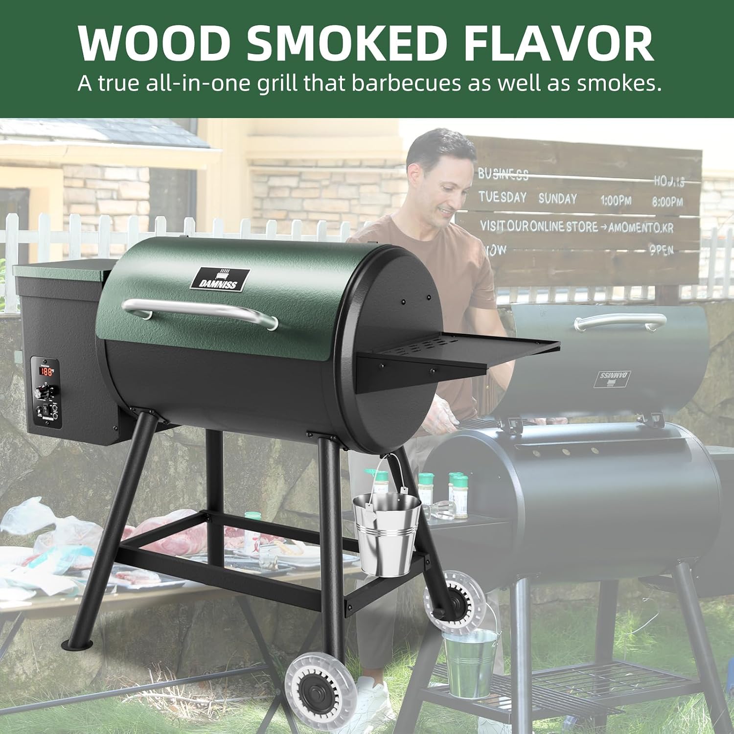 DAMNISS Pellet Grill Smoker 8 In 1 Outdoor Wood Electric Pellet BBQ Grill With PID Temperature Control And Meat Probe 456 Sq.In Removable Cooking Area Easy Clean