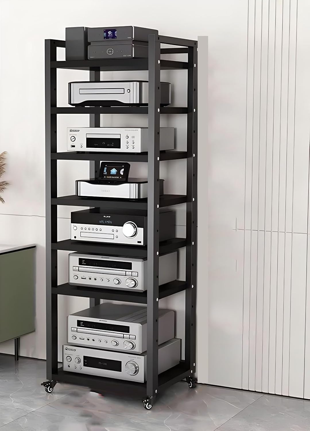 SRNSAEB Audio Equipment Rack Cabinet Media Shelf, Audio Video Media Stand Cabinet with 4 Shelves Height Adjustable Modern AV Cabinet with Brake Wheel, 160cm/ 63inch Height(7-Tier)