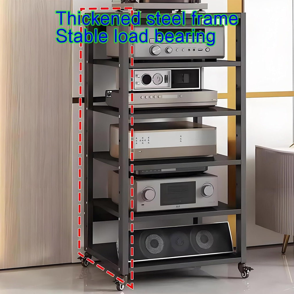 Modern Audio Cabinet - Movable Media Storage Rack for DVD/CD/Record Player, Adjustable Shelves AV Stand, Stylish Black Stereo Tower Holder (50x40)