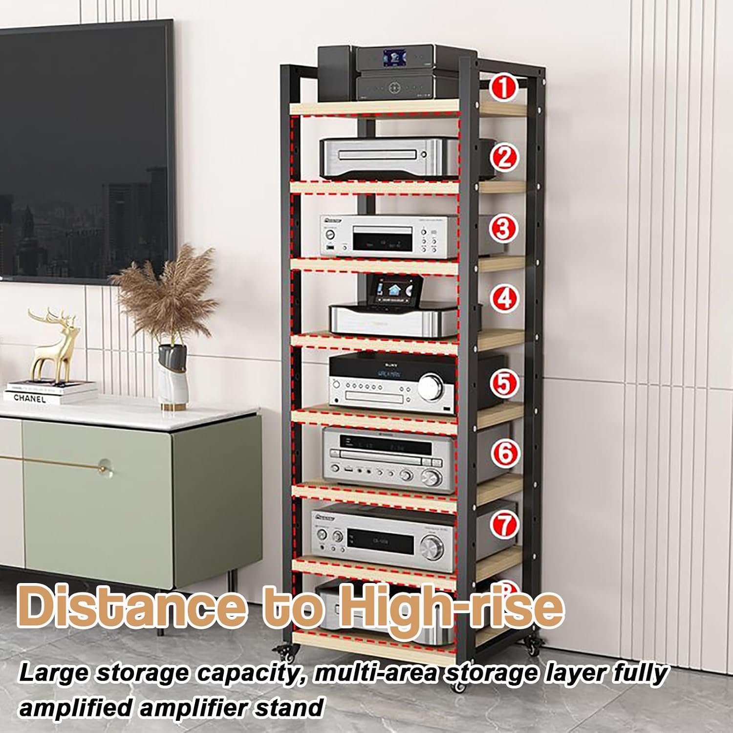 Media Storage Cabinet 5/6/7/8 Tier, AV Media Stand Audio Video Media Stand Record Player Stand, Modern AV Cabinet Audio Rack Stereo Components Rack for Entertainment Stereo,Walnut,5 Tier W 23.6