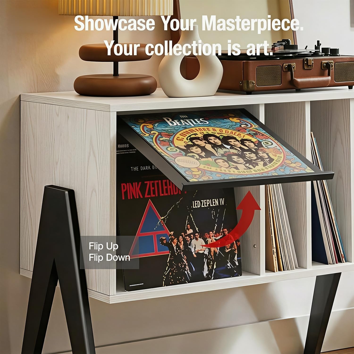 Record Player Stand with Vinyl Storage, 32' Turntable Stand with Flip-Up Album Display, Mid Century Modern White Vinyl Record Storage Cabinet, Audio Media Console Table with V-Shape Legs