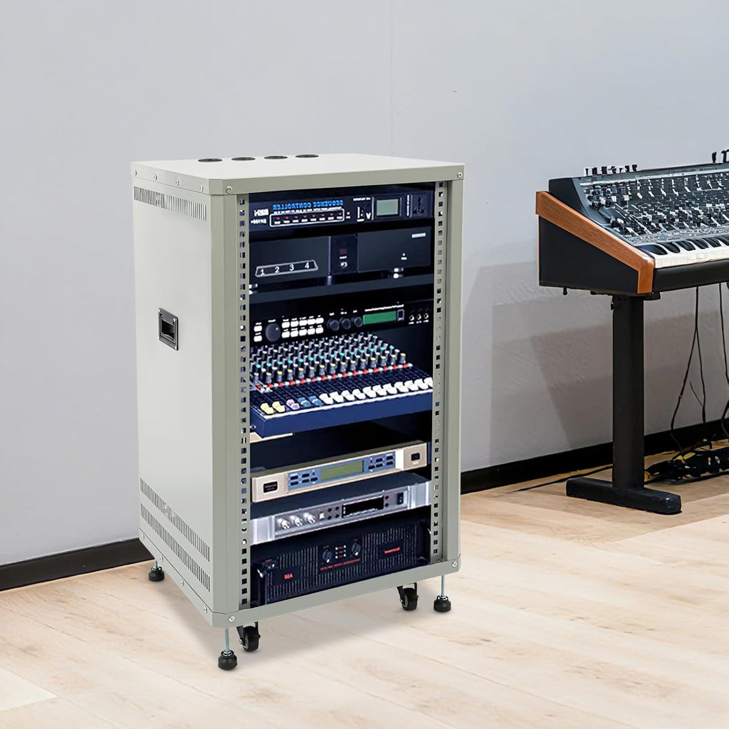 Network Audio Rack with Wheels, Steel Server Rack Cabinet for AV Equipment, Amplifiers, Network Gear, Rolling Universal Rack with Cable Management & Ventilation (Gray, 18U)