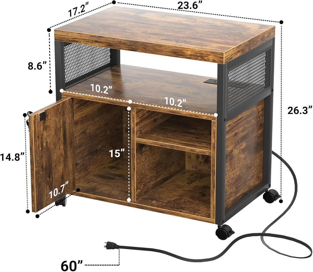 Unikito Rolling File Cabinet, Lateral Filing Cabinet on Wheels Mobile Office Printer Stand with Door and Open Storage Shelf for A4, Letter Size and Hanging File Folders, Lockable, Rustic Brown