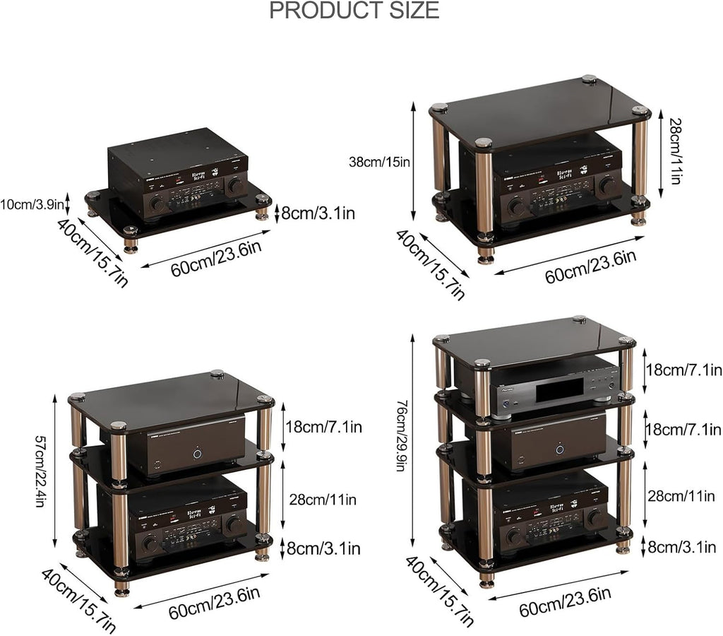 Audio Rack AV Media Stand with 1/2/3/4-Tier Tempered Glass Shelves, Storage Rack Audio Tower Equipment Console Shelf, for Home Office Theater(White,38cm/15in)