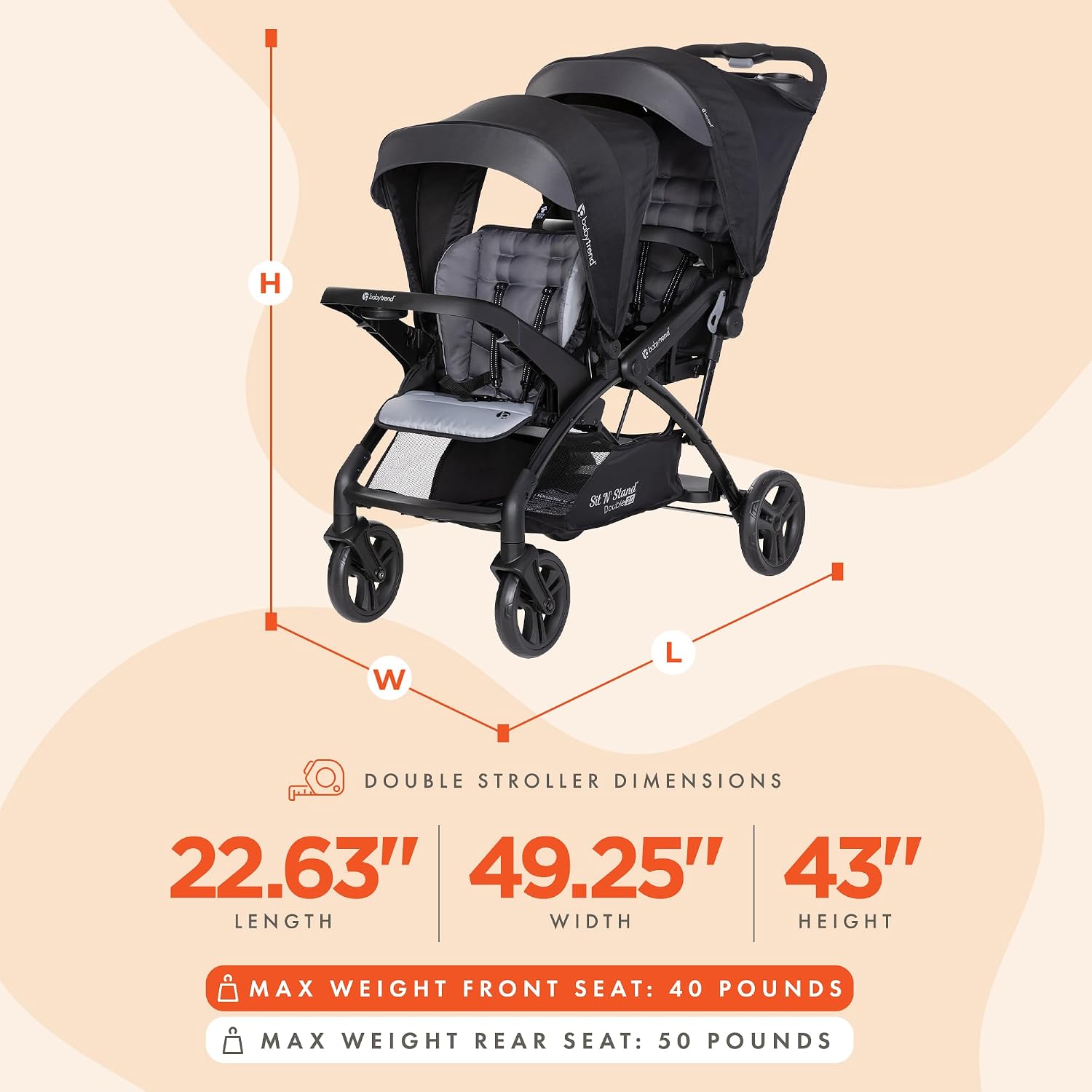 Baby Trend Double Stroller with Canopy Visors, Storage Basket and 2 Cup Holders, Sit N' Stand 2.0 DLX, Stormy – Foldable Infant and Toddler Tandem Stroller and Travel System