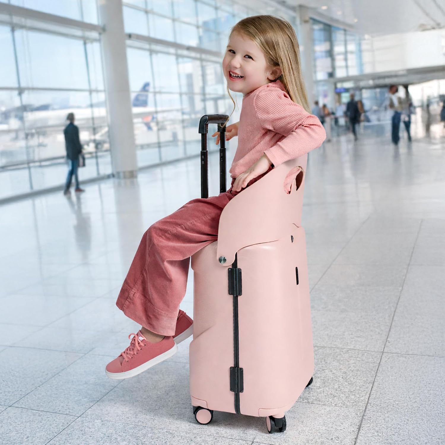 MiaMily 4-Wheel Carry-On Luggage with Seat – Ride-On Suitcase for Easy Family Travel, Seat Belt, 43L Hard Shell, Waterproof Pocket, Adjustable Handle, Dusty Pink