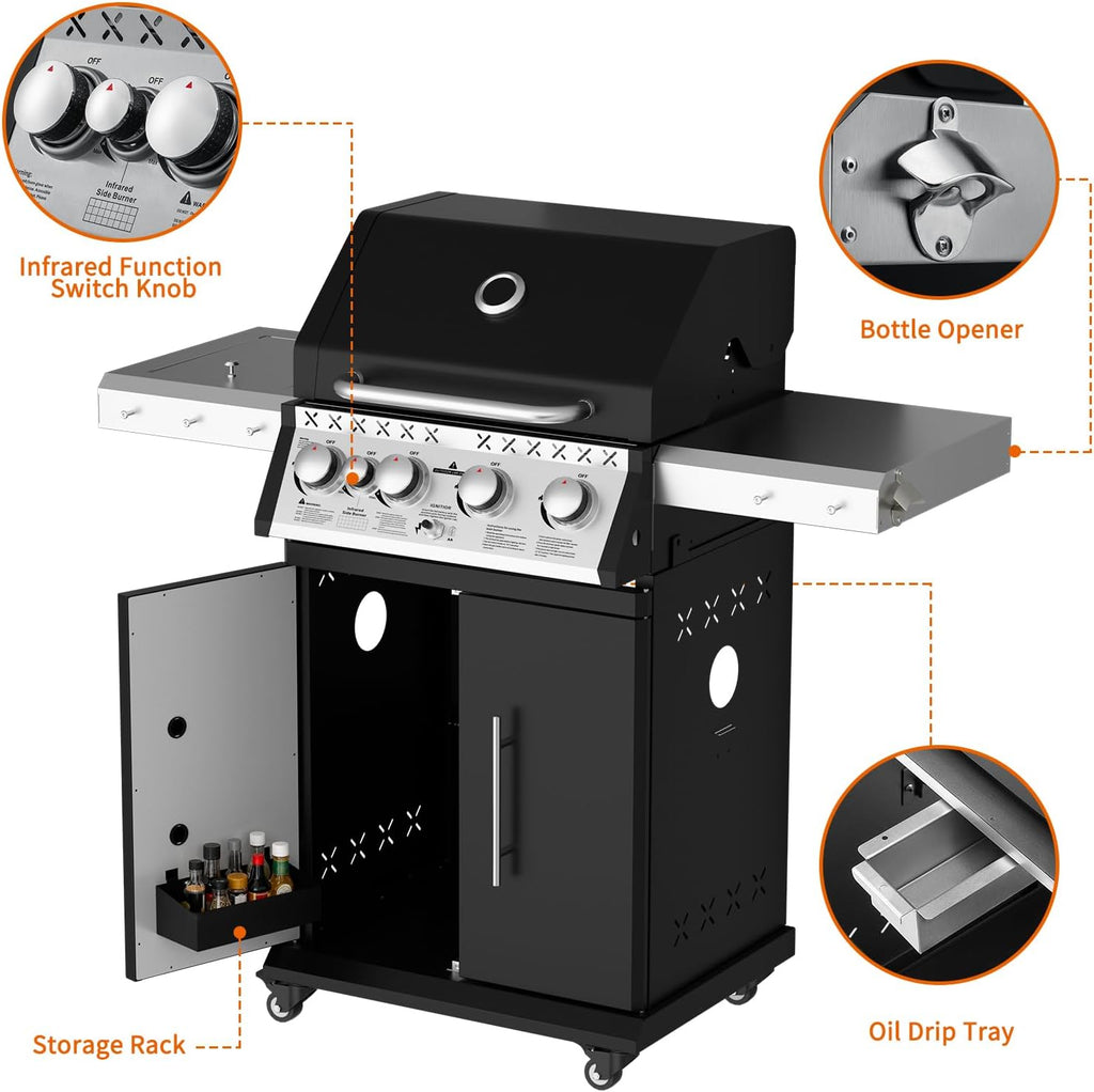 SKOK 4 Burner Propane Gas Grill with Infrared Side and Rear Burners, Outdoor BBQ Grill with Cast Iron Grates, Barbecue Grill with Wheels, 60,000BTU Output