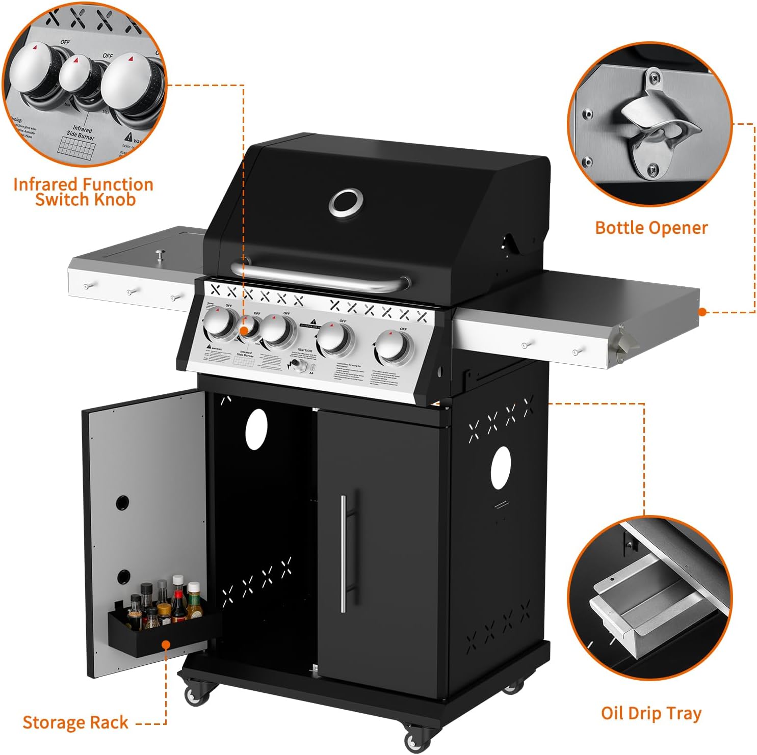 SKOK 4 Burner Propane Gas Grill with Infrared Side and Rear Burners, Outdoor BBQ Grill with Cast Iron Grates, Barbecue Grill with Wheels, 60,000BTU Output