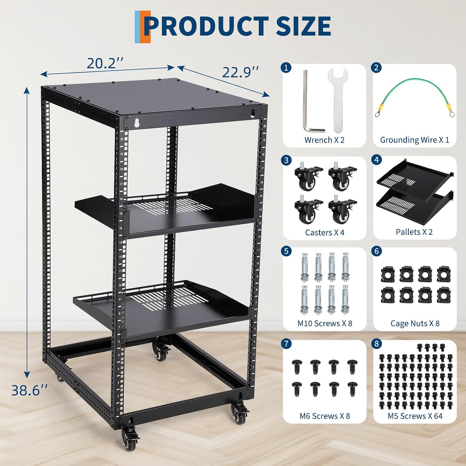 20U Server Rack Open Frame, Adjustable Depth 23'-40', Wall Mount & Free Standing IT Rack with Lockable Casters, 1U Shelf Included 500lbs Capacity for Network/AV Equipment
