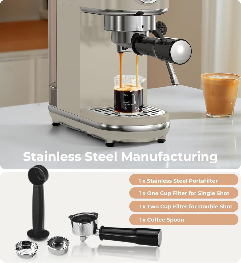atatix 20 Bar Espresso Machine with Milk Frother, Compact Espresso Maker, Stainless Steel Coffee Machine with Precise Temp Control & 44oz Removable Water Tank for Latte, Cappuccino, Light Grey