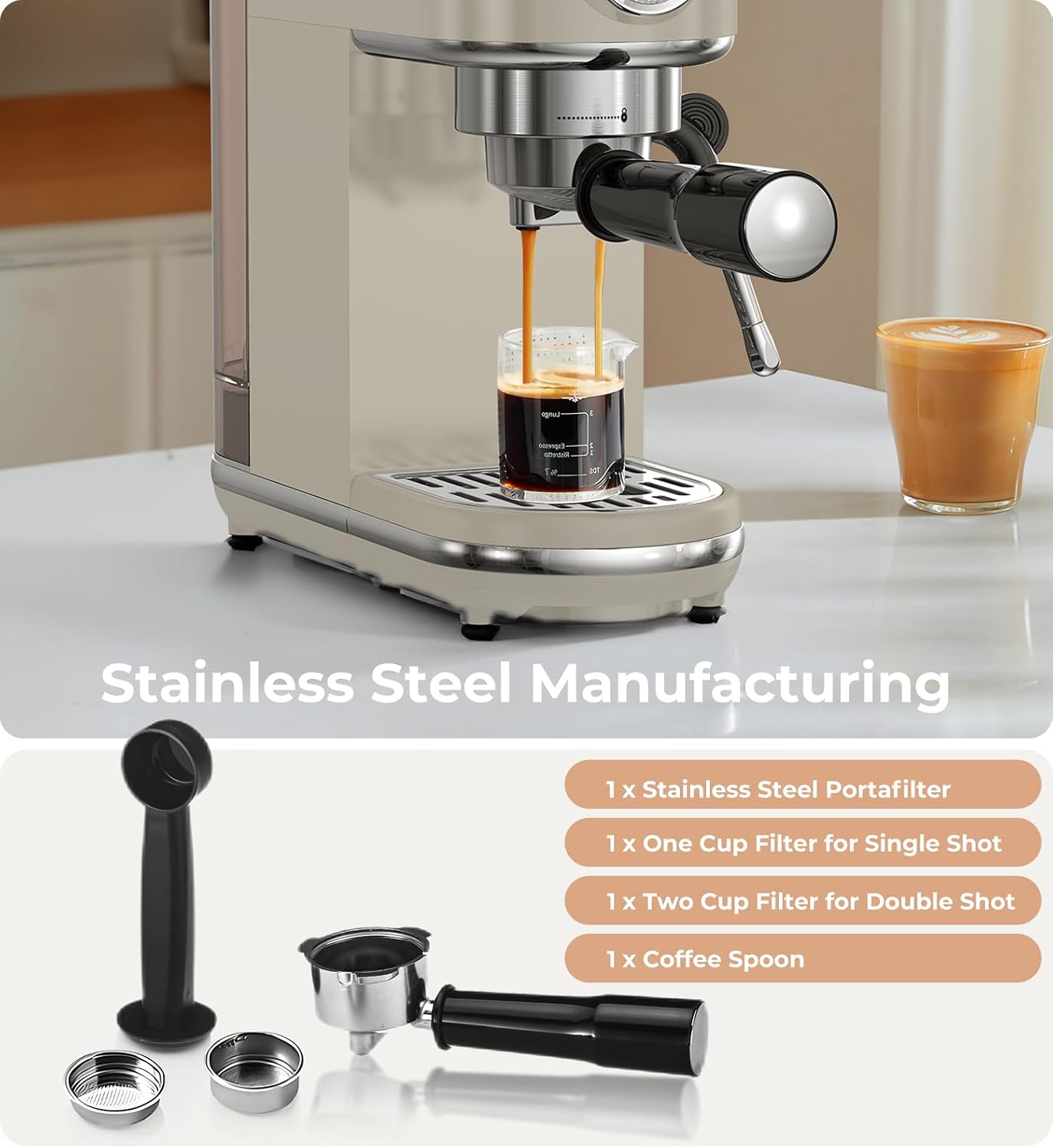 atatix 20 Bar Espresso Machine with Milk Frother, Compact Espresso Maker, Stainless Steel Coffee Machine with Precise Temp Control & 44oz Removable Water Tank for Latte, Cappuccino, Light Grey