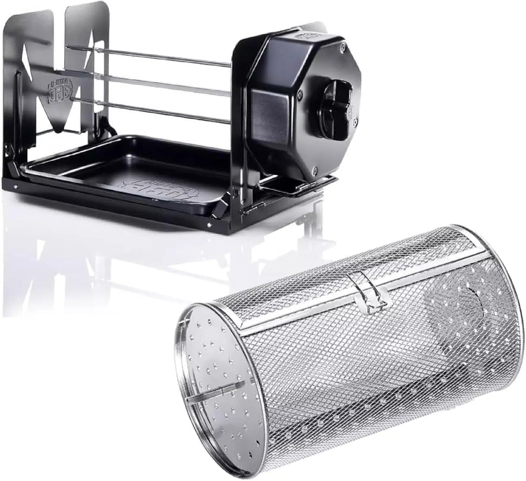 ROTO-Q 360 Cordless Rotisserie Kit w/Tumble Basket - Stainless Steel, Non-Electric - For Grills, Ovens, Smokers - Gas/Charcoal BBQ, Kamado Joe, Green Egg, Kettle - Indoor/Outdoor Use (Black)