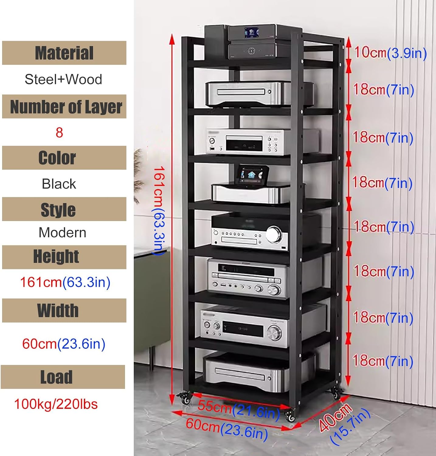 JYHHCYS Tall Stereo Racks and Stands on Wheels Media Storage Cabinet Rack, Black Modern Entertainment Stereo Components Stand, Audio Video Equipment Rack (Size : 8 tier-60cm Wide)