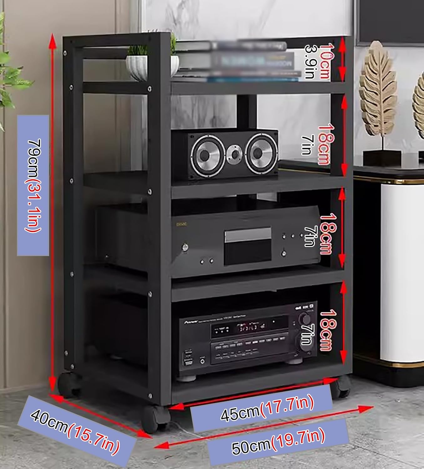 Living Room/Home Audio Video Equipment Rack Stereo Cabinet Stand, Floorsatnding Heavy Duty Media Component Stand Holder with Heightadjustable Shelf & Wheels,Black#3,4 Tier