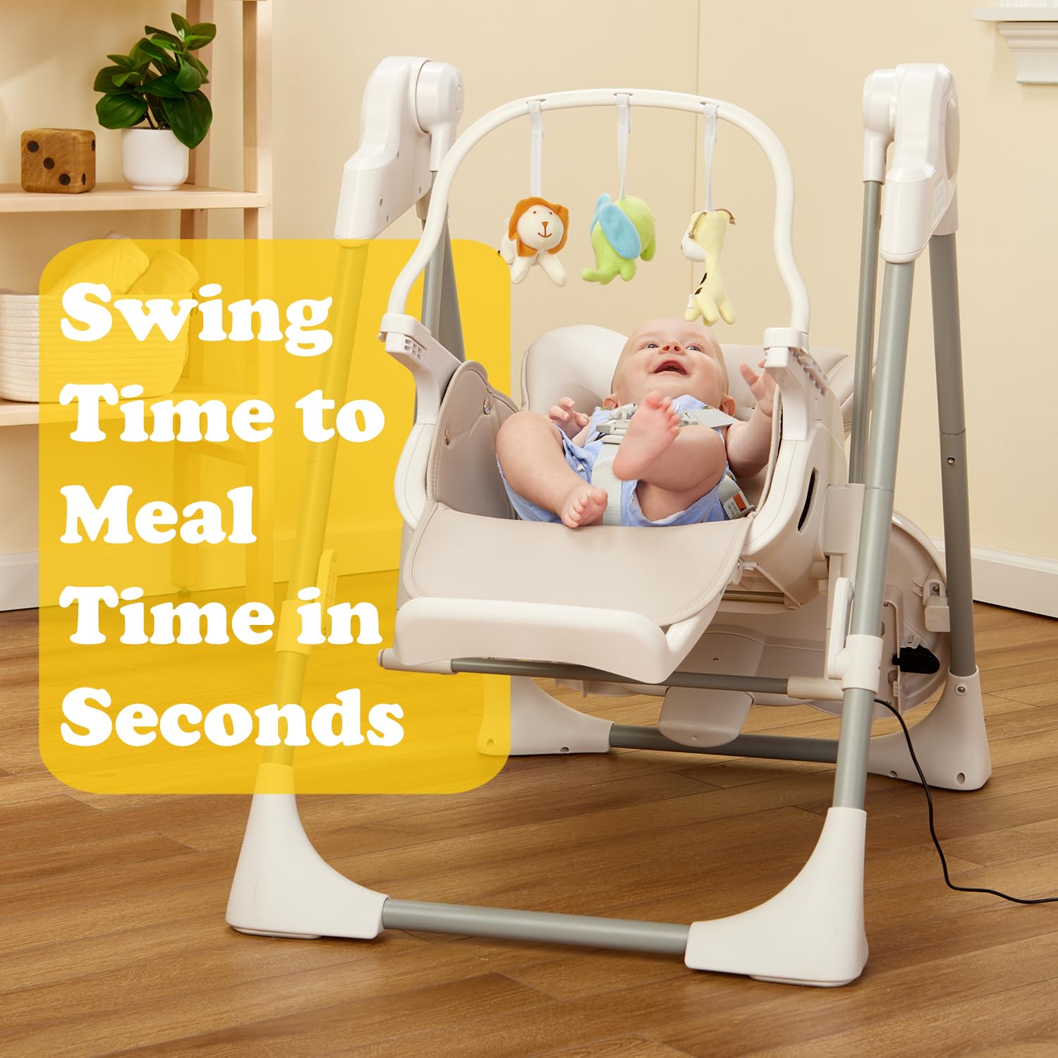 PrimoBaby SnuggleBug 2-in-1 Infant Swing & High Chair, Adjustable Seat Recline, Height, & Feeding Tray, App Control, Music & Nature Sounds, Toy Bar, Ergonomic Cushion, 5 Point Safety Harness
